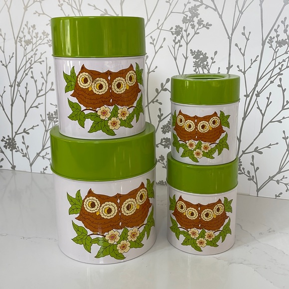 Kitchen Vintage Tin Owl Kitchen Counter Canisters Poshmark